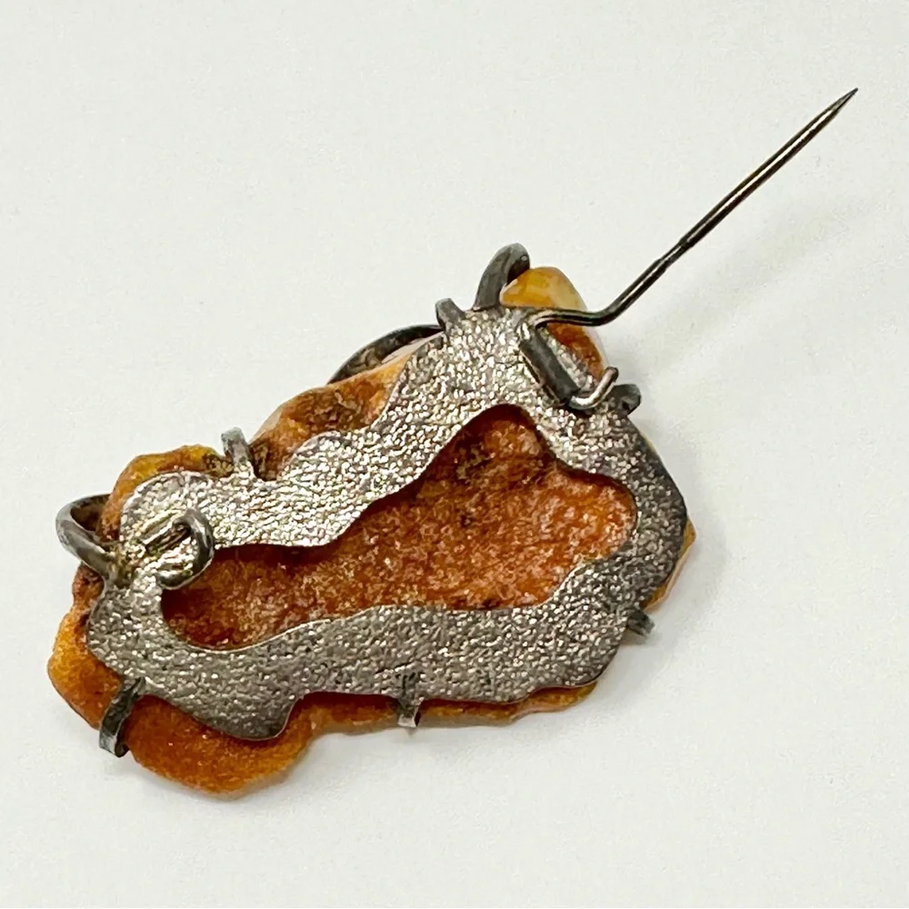Baltic Amber Sterling Silver Handmade Brutalist Brooch Pin